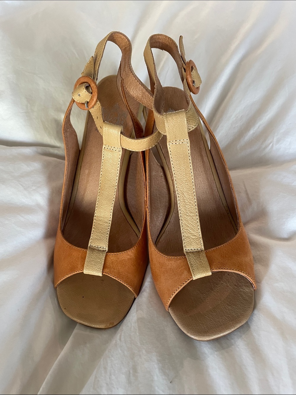Jeffrey Campbell Two-Tone Tan and Cream T-Strap peep toe heels
